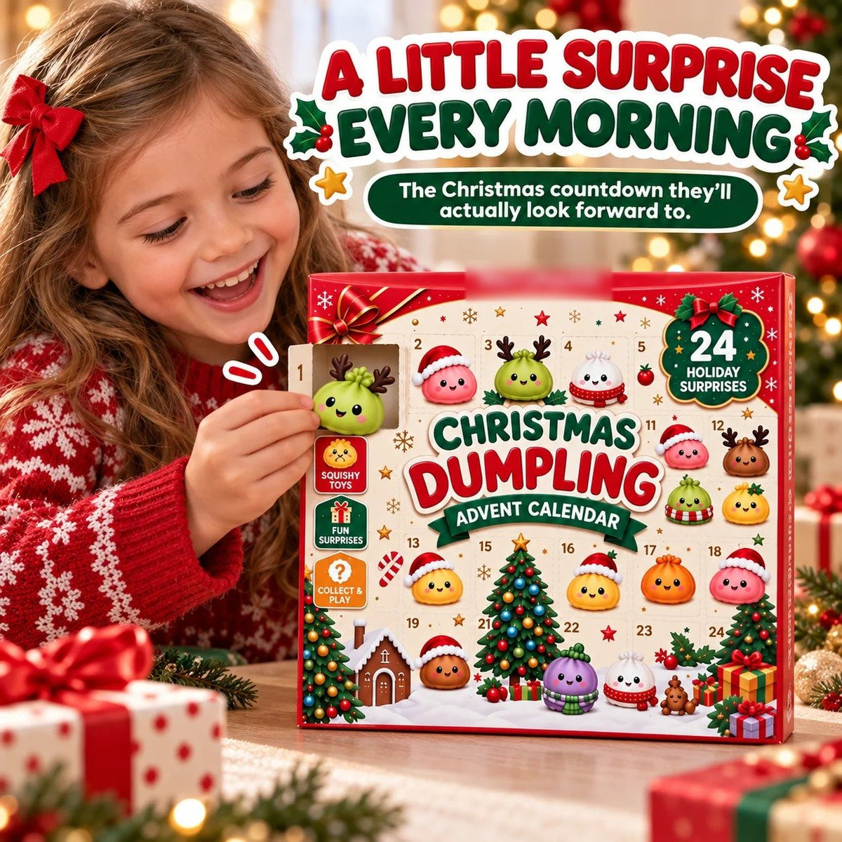 Child opening door 1 of a Christmas dumpling squishy advent calendar
