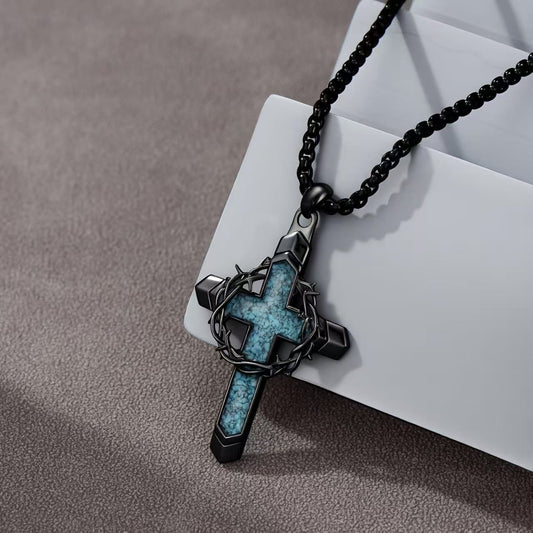 Christian crown of thorns cross necklace with turquoise inlay in blackened gunmetal