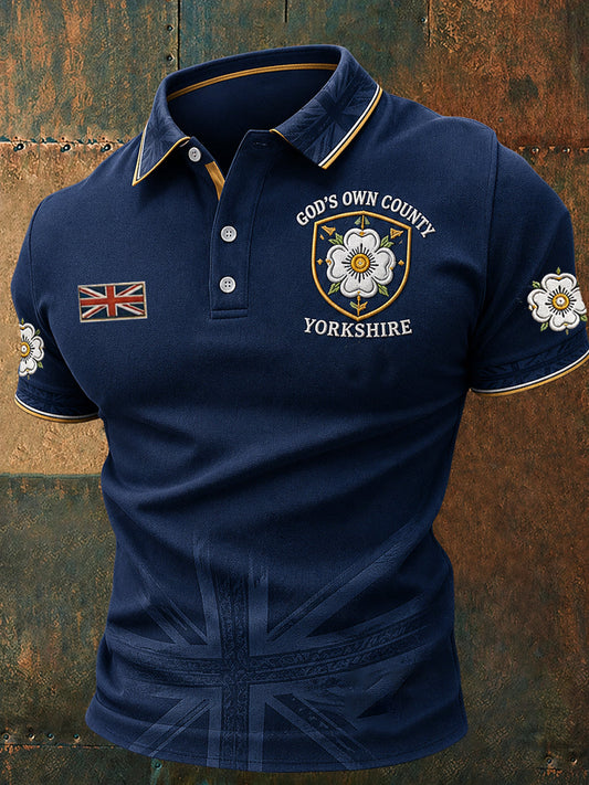 Mens Yorkshire White Rose England heritage polo shirt Deep Blue