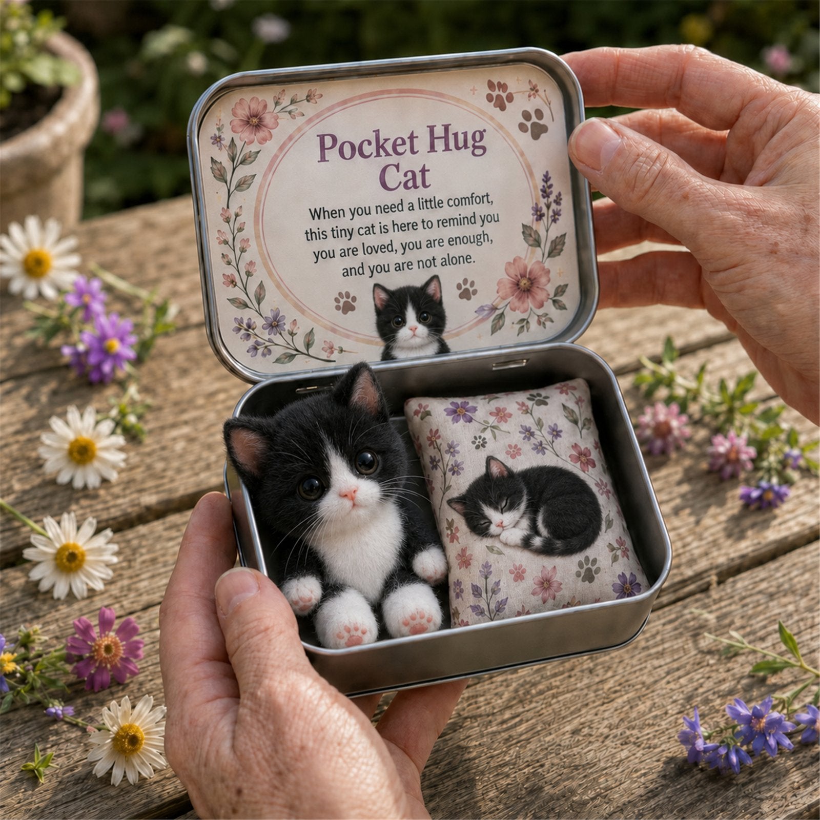 Pocket Hug Plush Keepsake Tin – Cat 4 black & white kitten