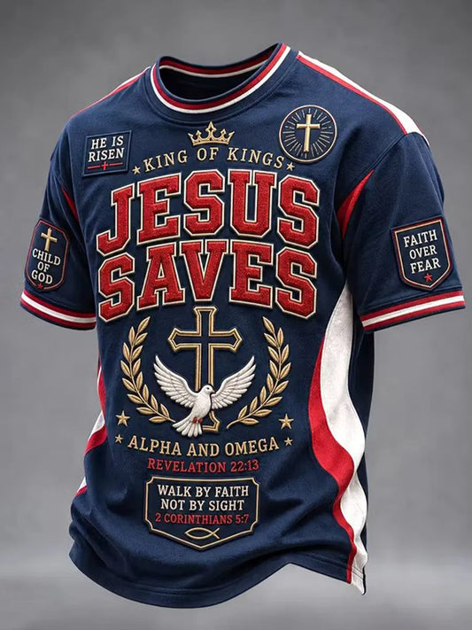 Men's Jesus Saves King of Kings cross print t-shirt navy blue