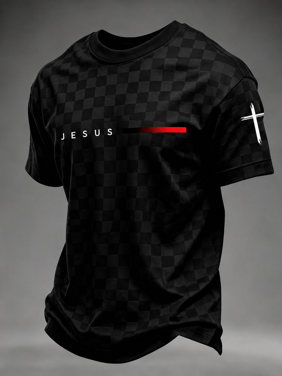 Men's Faith JESUS plaid print T-shirt in As Picture black colorway front view