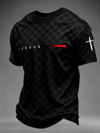 Men's Faith JESUS plaid print T-shirt in As Picture black colorway front view