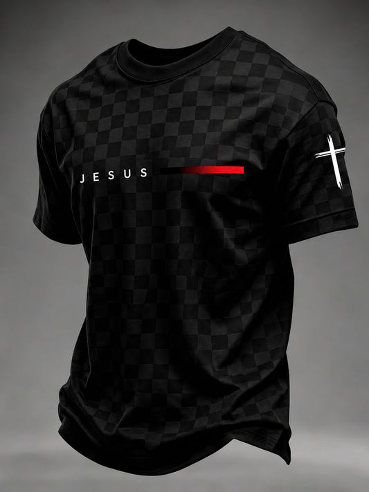 Men's Faith JESUS plaid print T-shirt in As Picture black colorway front view