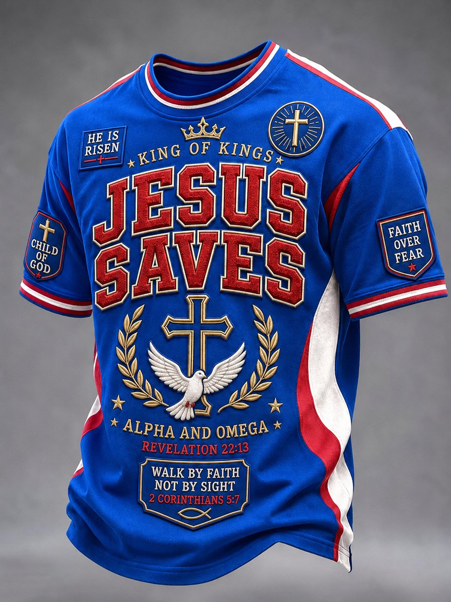 Men's Jesus Saves King of Kings cross print t-shirt blue