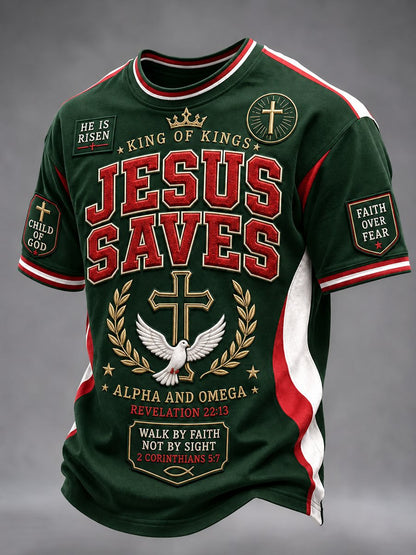 Men's Jesus Saves King of Kings cross print t-shirt dark green