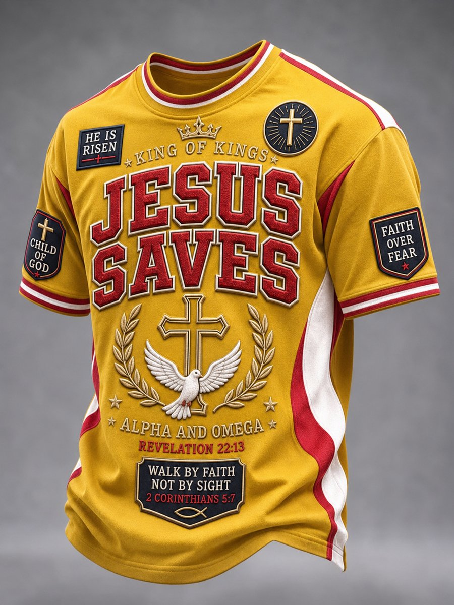 Men's Jesus Saves King of Kings cross print t-shirt yellow