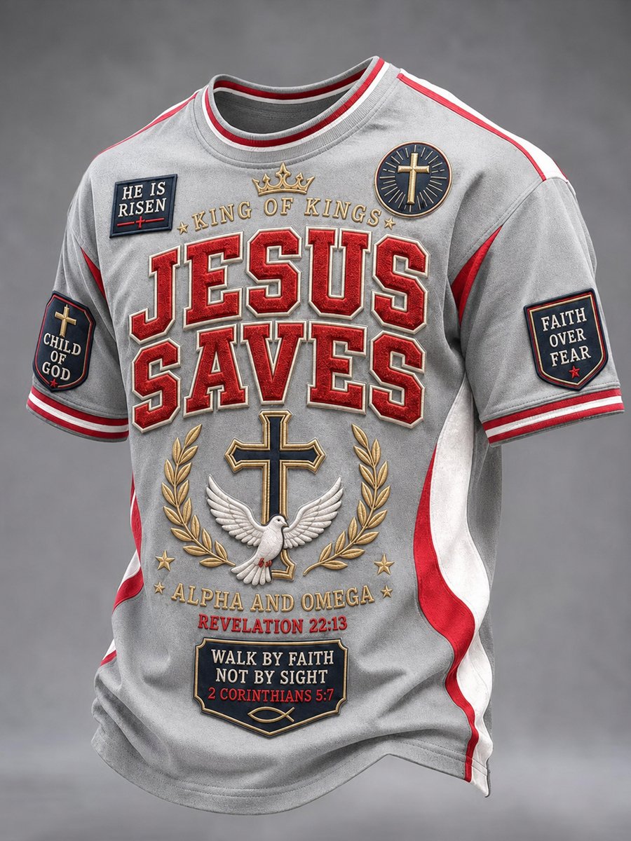 Men's Jesus Saves King of Kings cross print t-shirt light gray