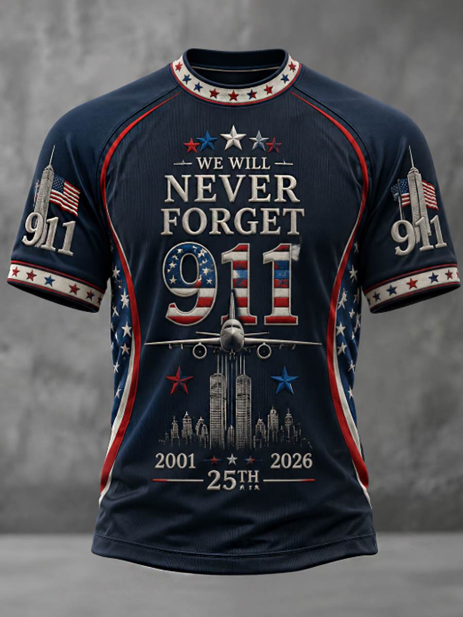 9/11 Never Forget 25th Anniversary Navy Blue Men's T-Shirt with Twin Towers and USA flag design