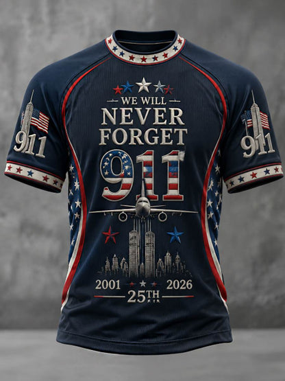 9/11 Never Forget 25th Anniversary Navy Blue Men's T-Shirt with Twin Towers and USA flag design