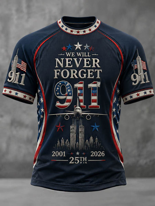 9/11 Never Forget 25th Anniversary Navy Blue Men's T-Shirt with Twin Towers and USA flag design