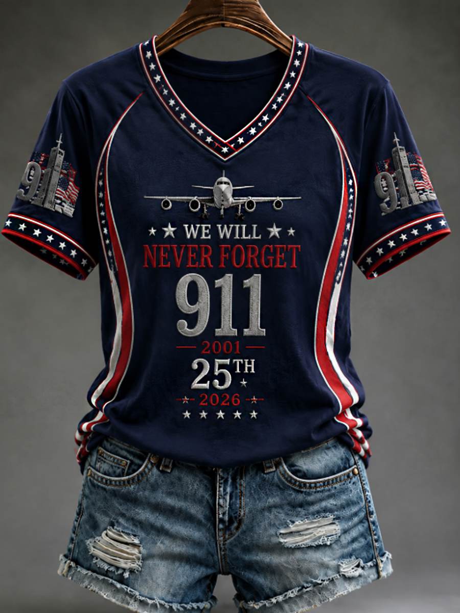 Navy Blue Women's 9/11 Never Forget 25th anniversary V-neck tee front view