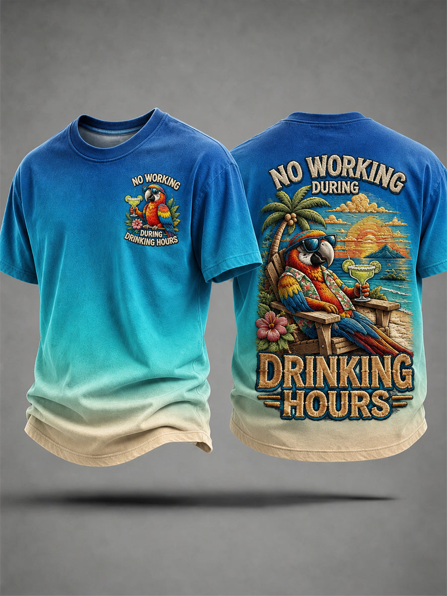 Men's tropical parrot print casual tee with No Working During Drinking Hours slogan
