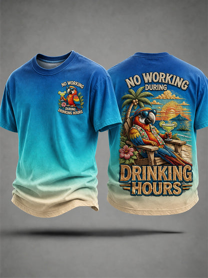 Men's tropical parrot print casual tee with No Working During Drinking Hours slogan
