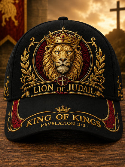 Black Christian Lion of Judah print hat with golden King of Kings crest