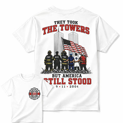 White 9/11 memorial patriotic first responder t-shirt