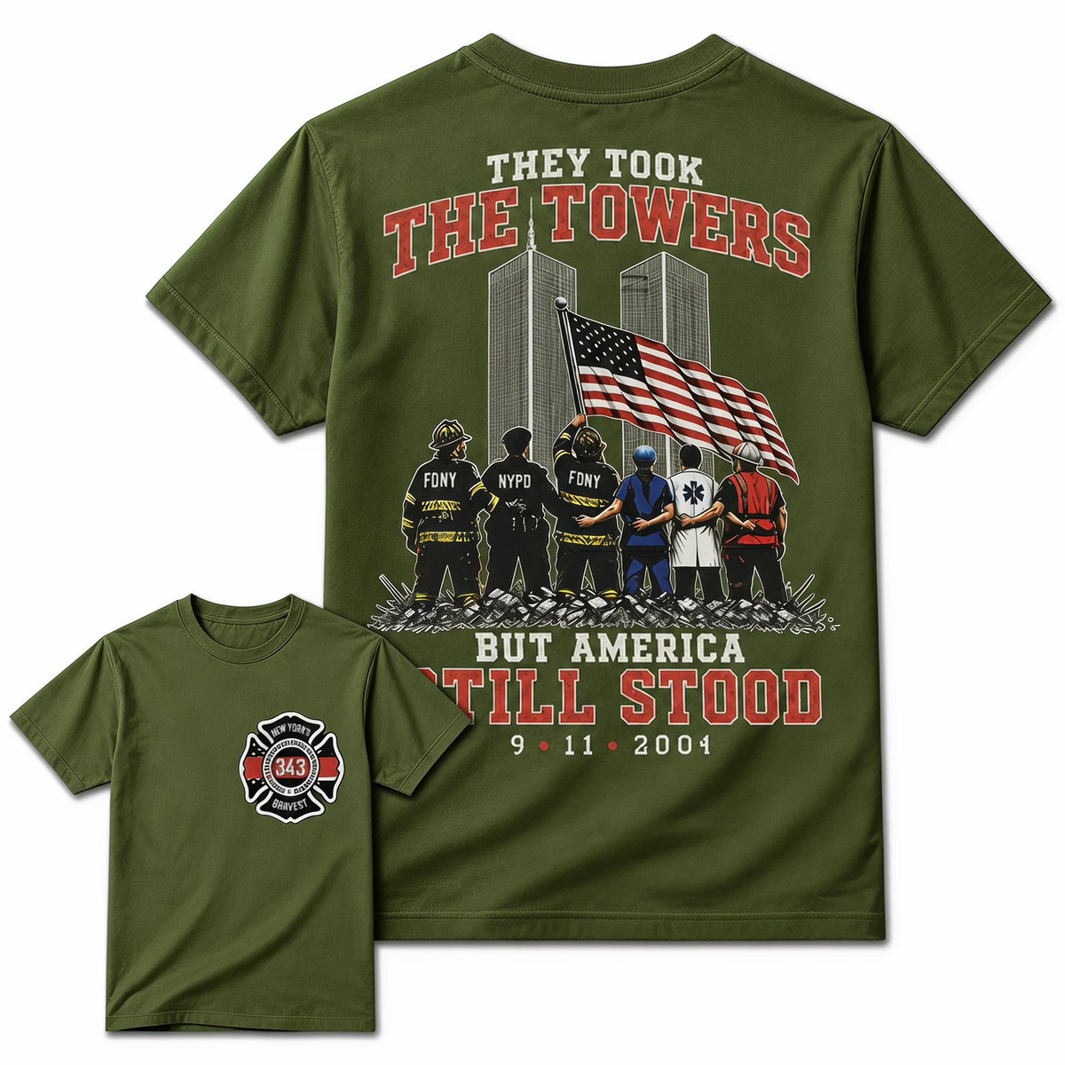 Army Green 9/11 memorial patriotic first responder t-shirt