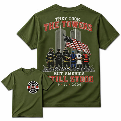Army Green 9/11 memorial patriotic first responder t-shirt