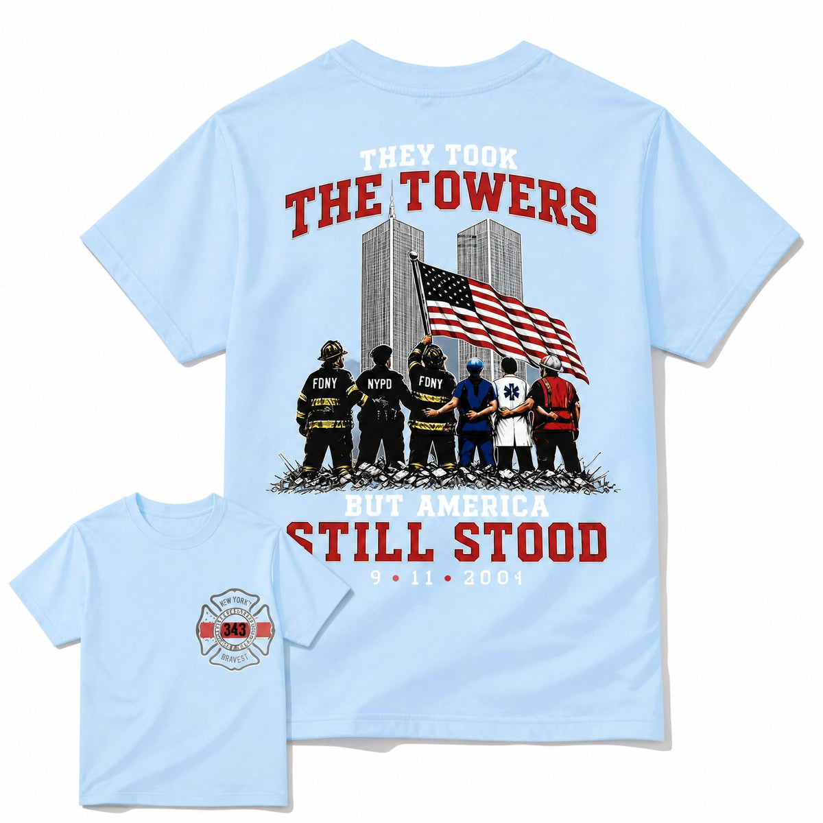 Light Blue 9/11 memorial patriotic first responder t-shirt