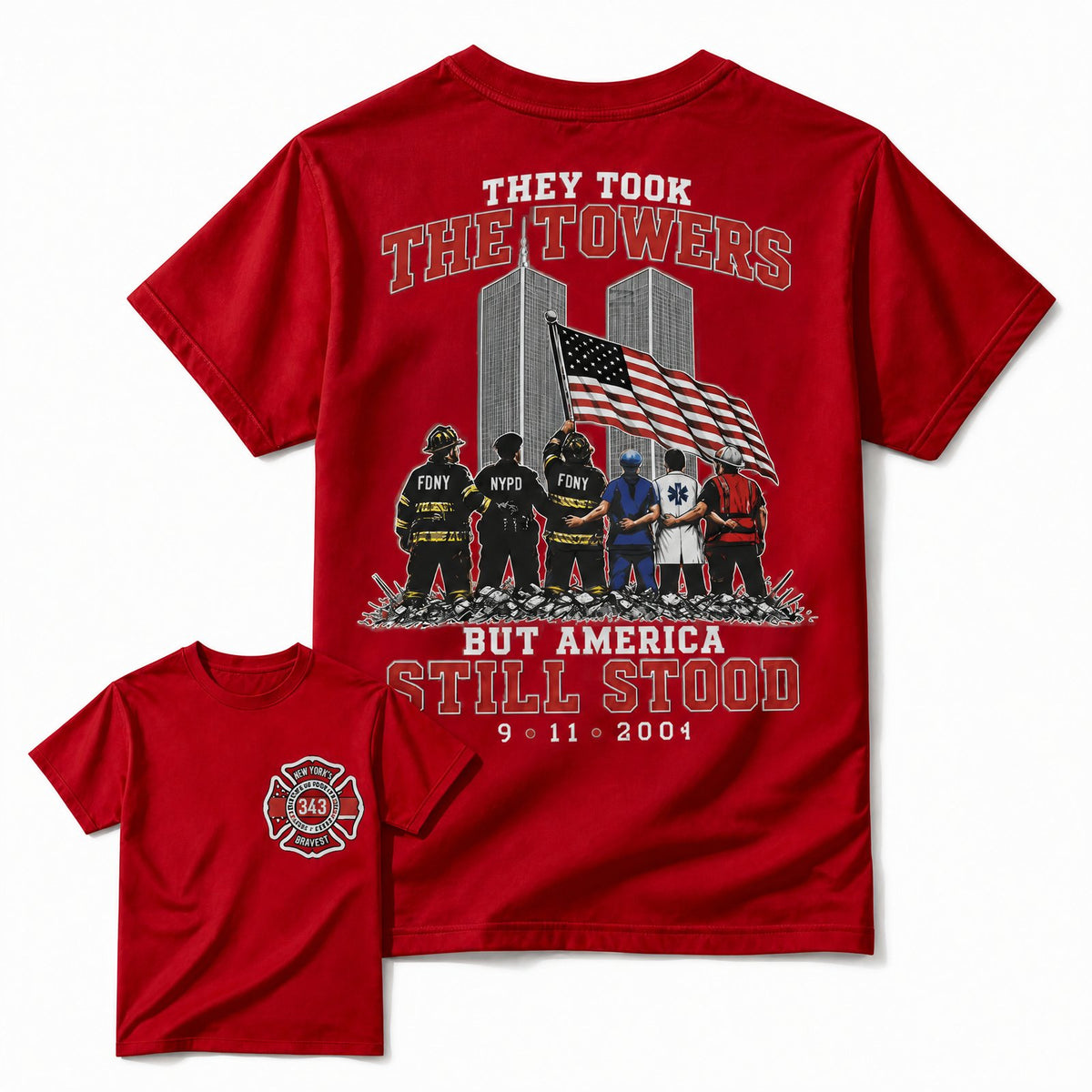 Red 9/11 memorial patriotic first responder t-shirt