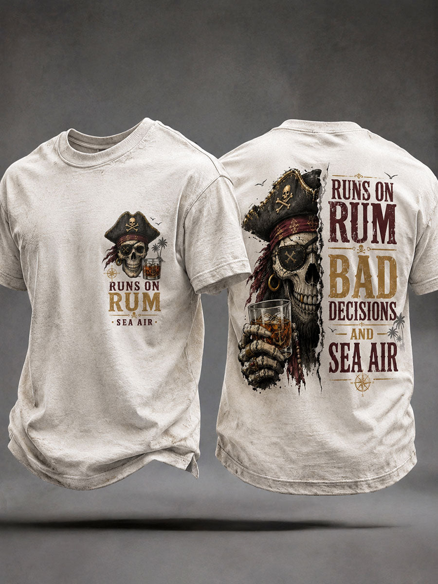 Beige men's pirate skull t-shirt Runs On Rum Bad Decisions Sea Air