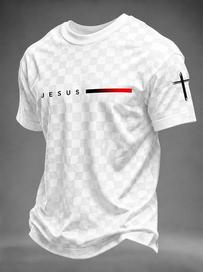Men's Faith JESUS plaid print T-shirt in White front view