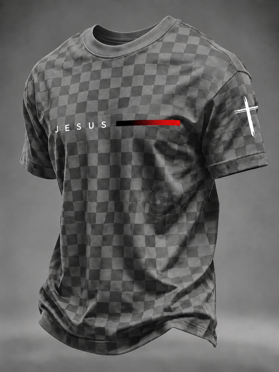 Men's Faith JESUS plaid print T-shirt in Gray front view