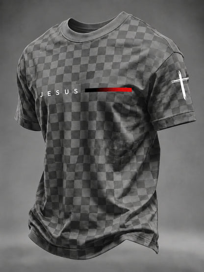 Men's Faith JESUS plaid print T-shirt in Gray front view