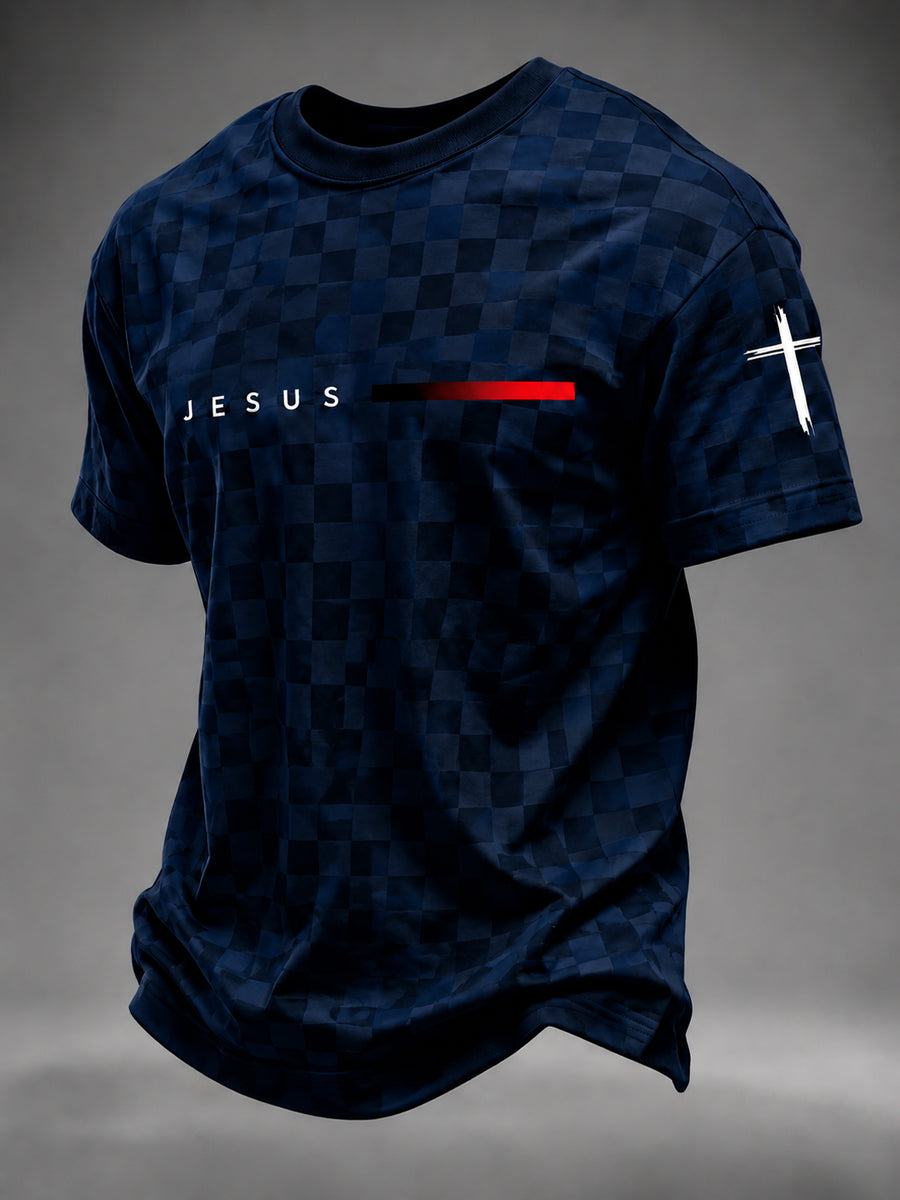 Men's Faith JESUS plaid print T-shirt in Dark Blue front view