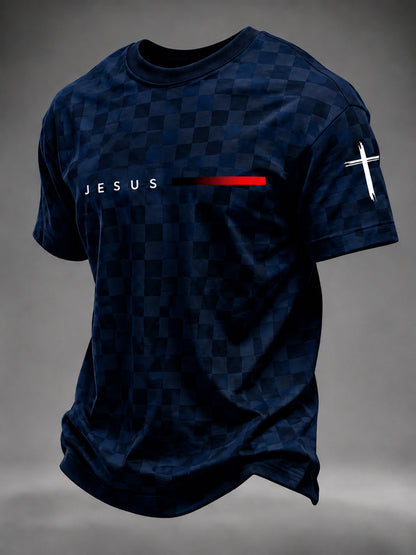 Men's Faith JESUS plaid print T-shirt in Dark Blue front view