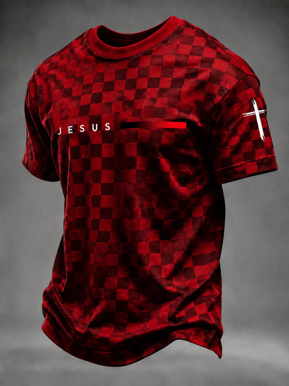 Men's Faith JESUS plaid print T-shirt in Red front view