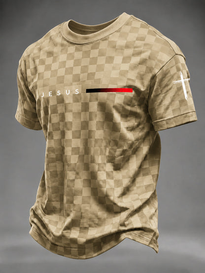 Men's Faith JESUS plaid print T-shirt in Khaki front view