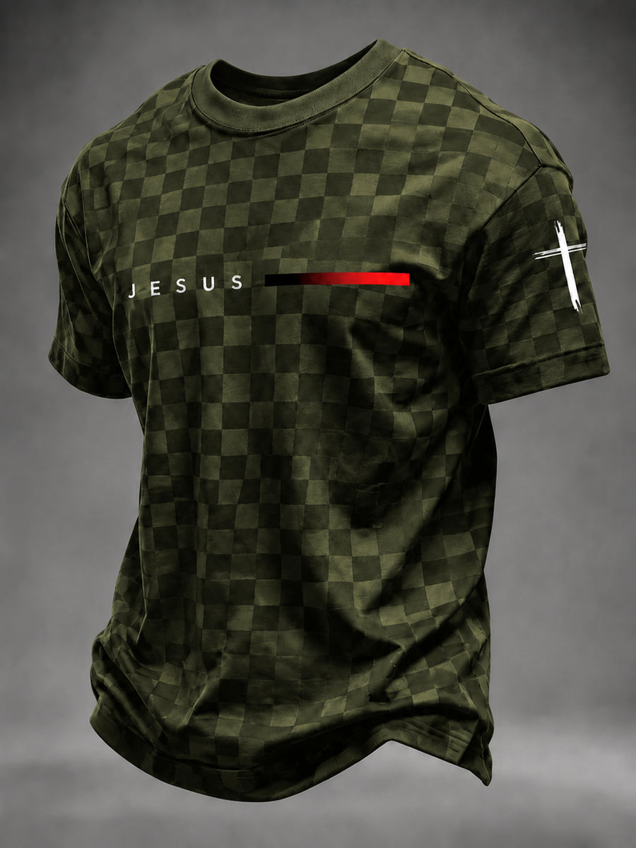 Men's Faith JESUS plaid print T-shirt in Green front view