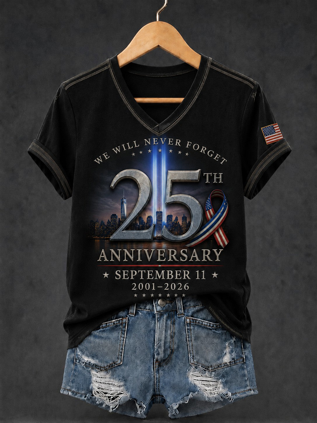 Women's 9/11 Never Forget 25th anniversary V-neck t-shirt Black