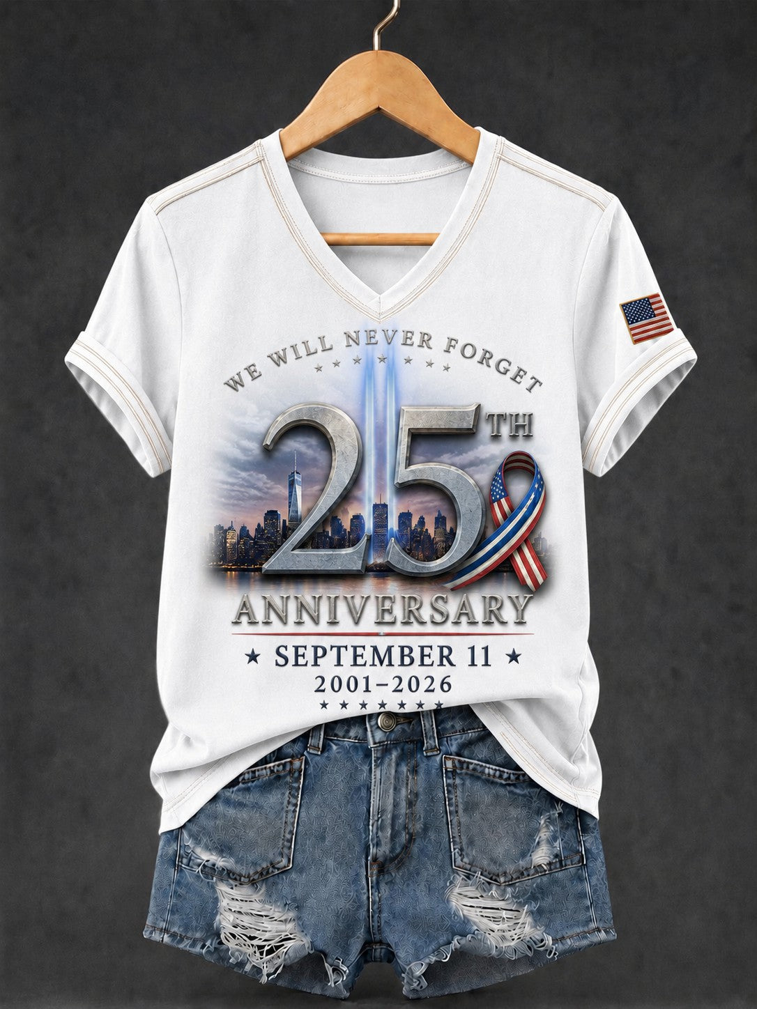 Women's 9/11 Never Forget 25th anniversary V-neck t-shirt White