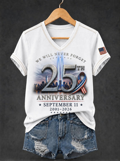 Women's 9/11 Never Forget 25th anniversary V-neck t-shirt White