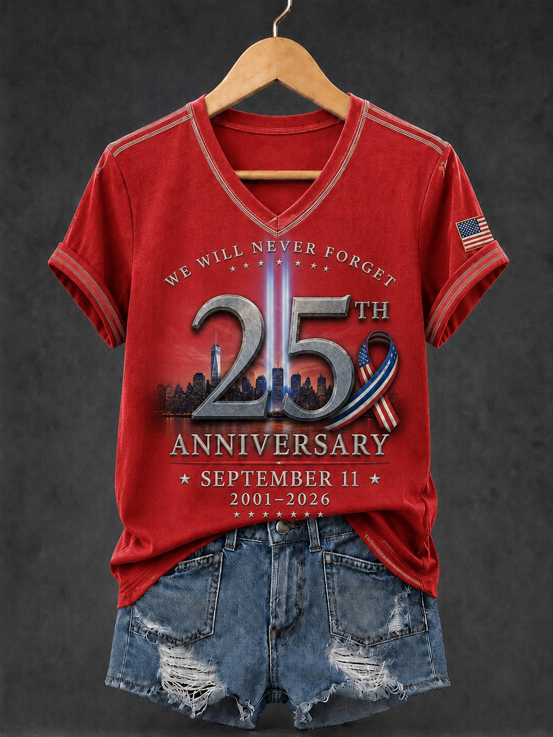 Women's 9/11 Never Forget 25th anniversary V-neck t-shirt Red