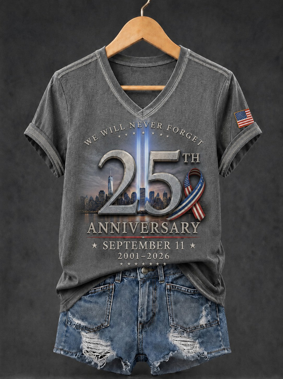 Women's 9/11 Never Forget 25th anniversary V-neck t-shirt Gray