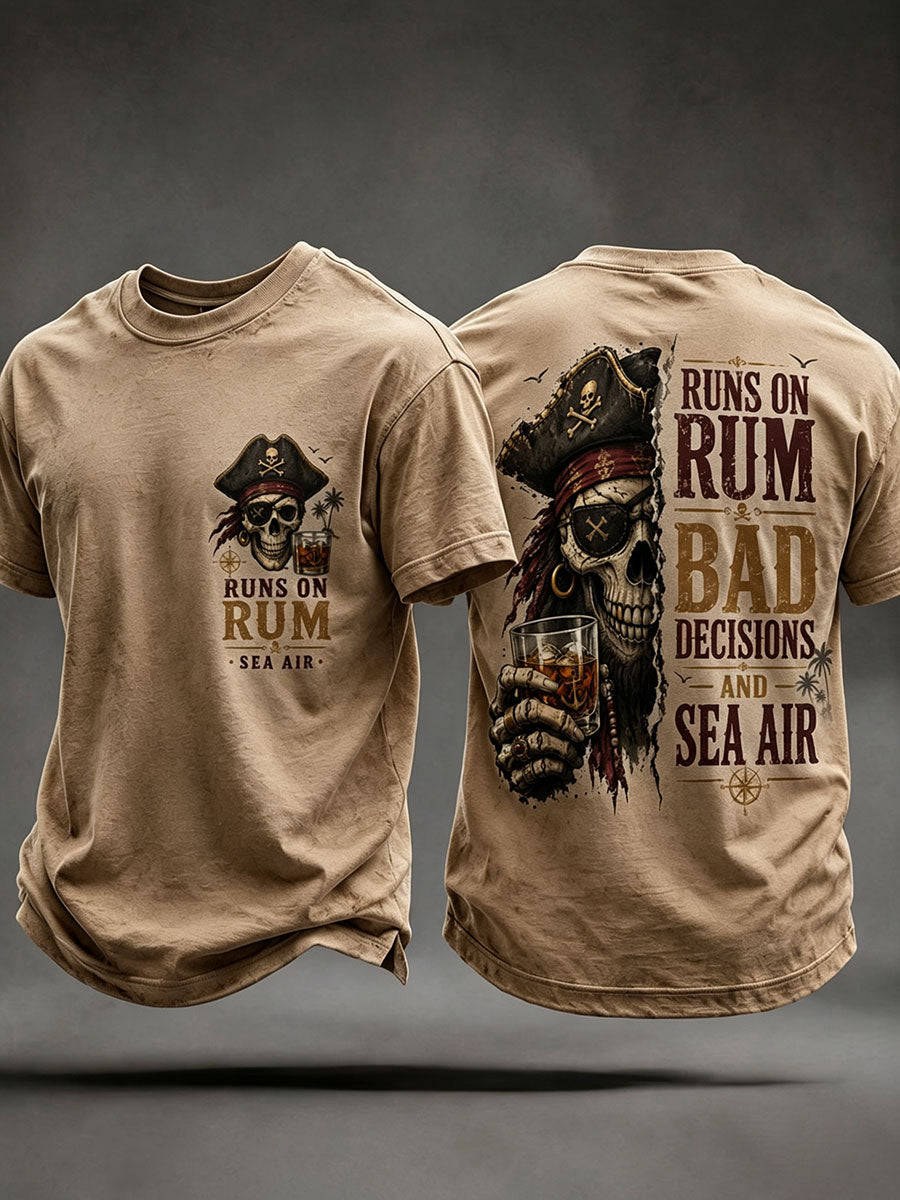 Brown men's pirate skull t-shirt Runs On Rum Bad Decisions Sea Air