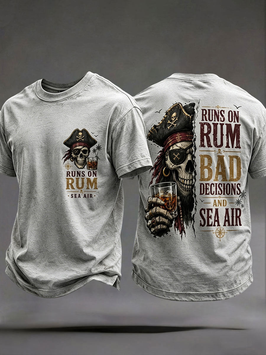 Light Gray men's pirate skull t-shirt Runs On Rum Bad Decisions Sea Air