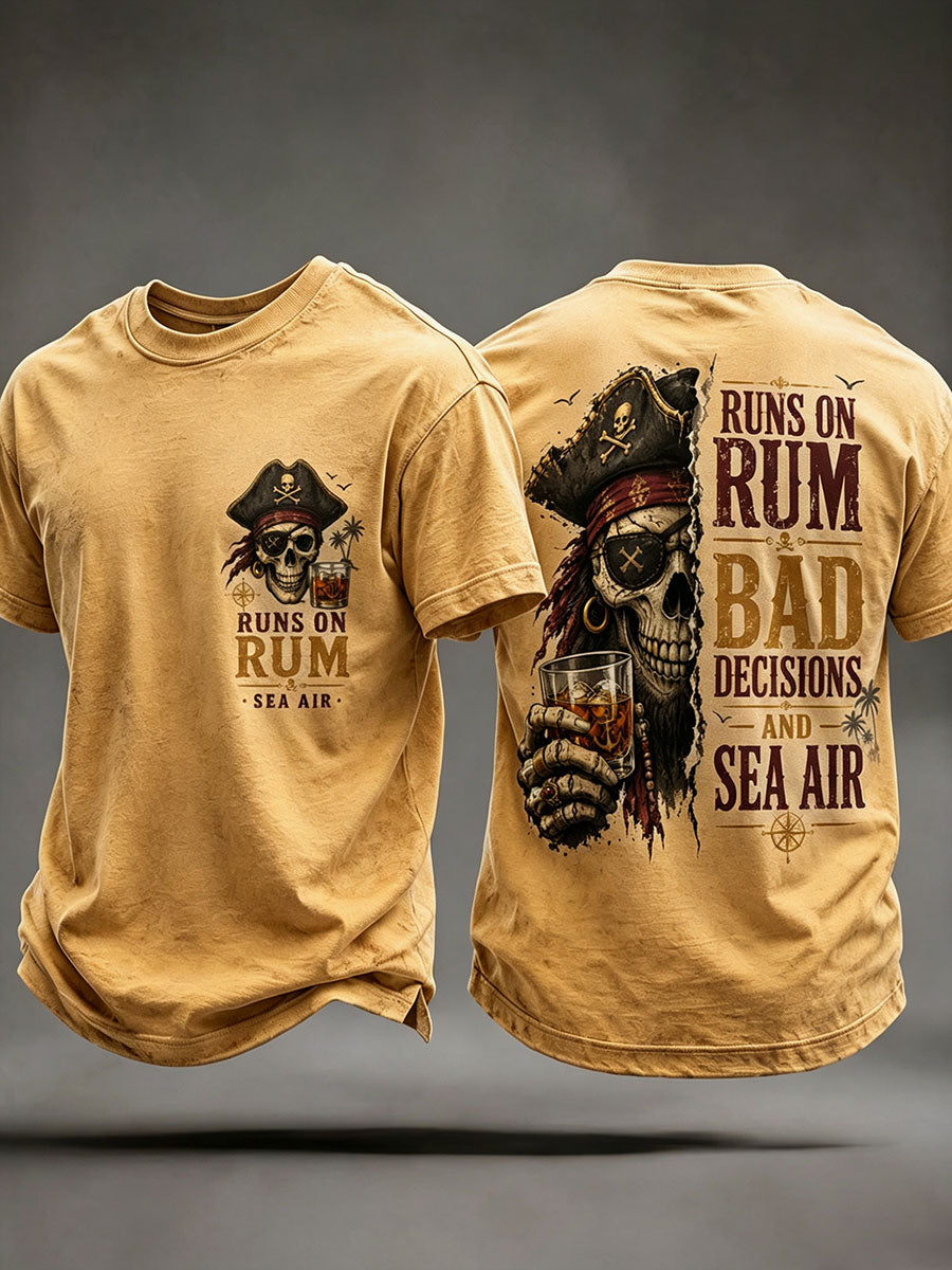 Yellow men's pirate skull t-shirt Runs On Rum Bad Decisions Sea Air