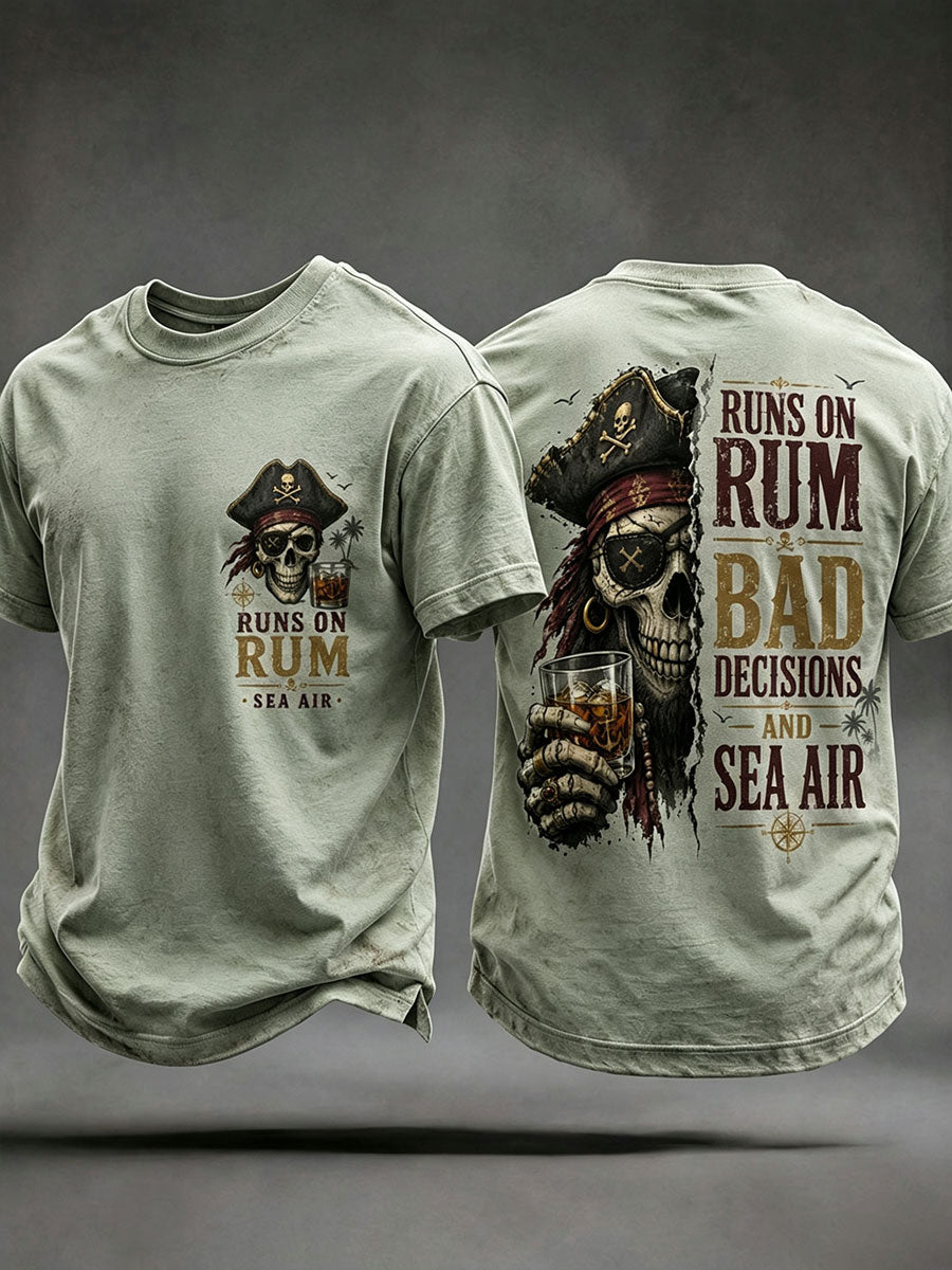 Light Green men's pirate skull t-shirt Runs On Rum Bad Decisions Sea Air