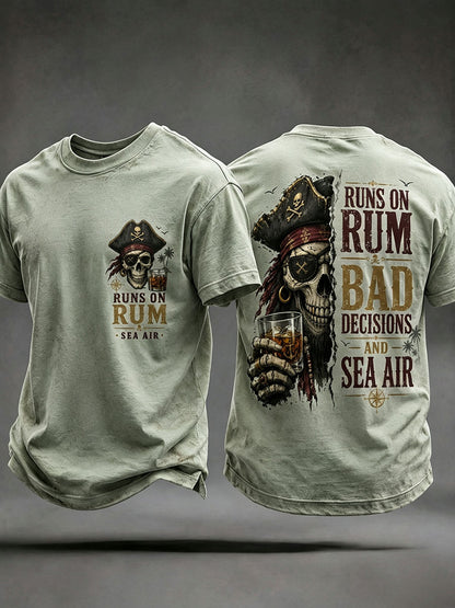 Light Green men's pirate skull t-shirt Runs On Rum Bad Decisions Sea Air