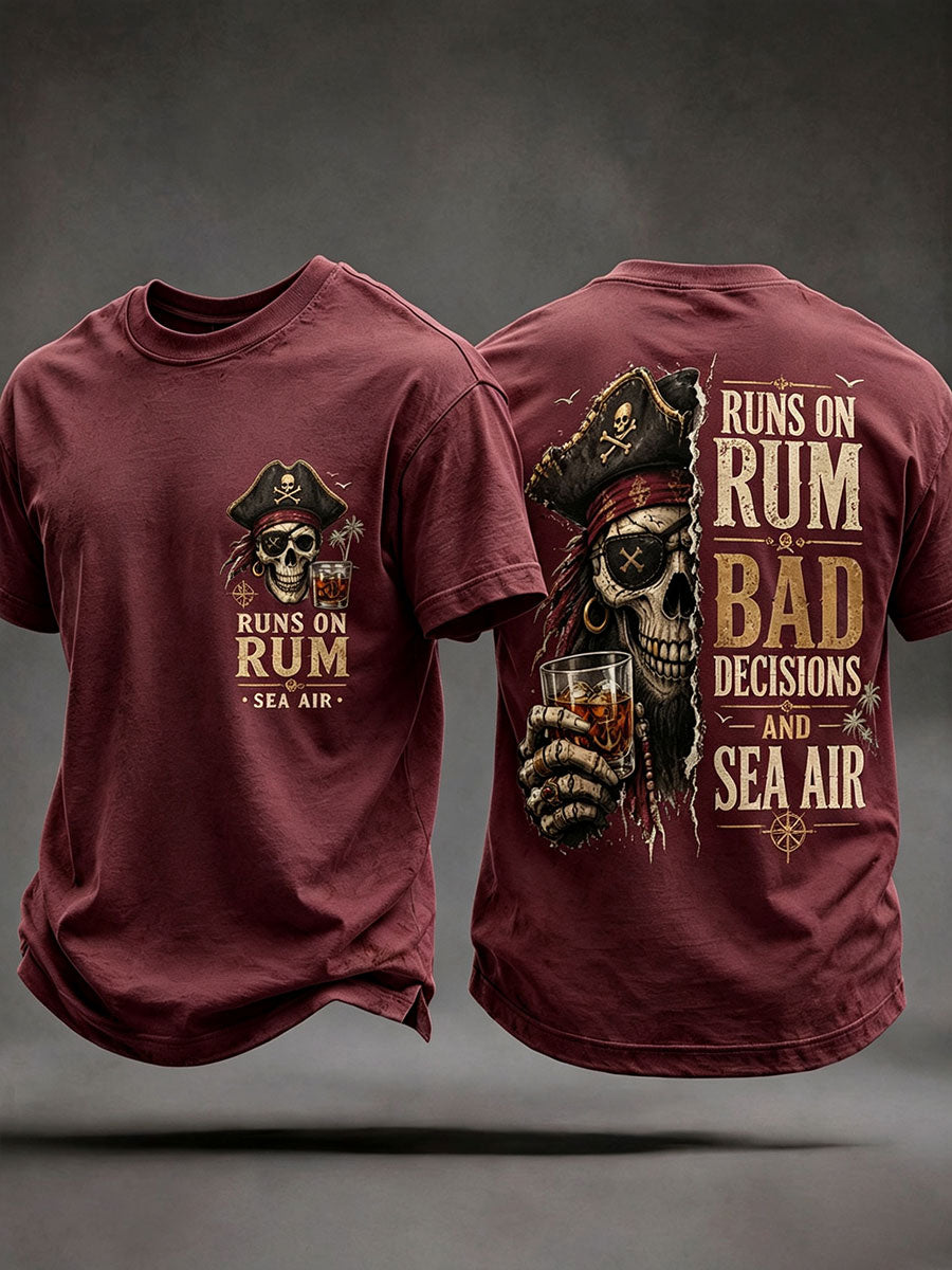 Wine Red men's pirate skull t-shirt Runs On Rum Bad Decisions Sea Air