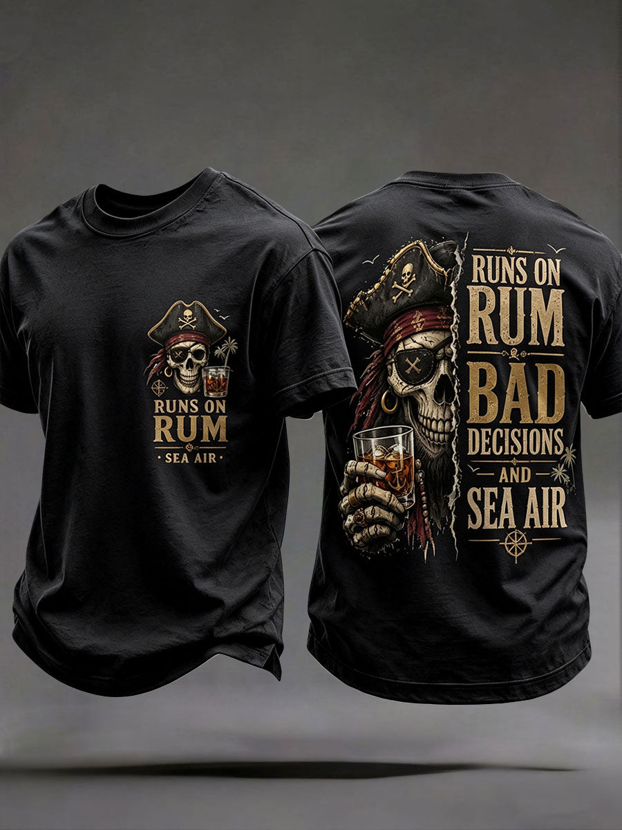Black men's pirate skull t-shirt Runs On Rum Bad Decisions Sea Air