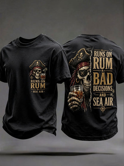 Black men's pirate skull t-shirt Runs On Rum Bad Decisions Sea Air