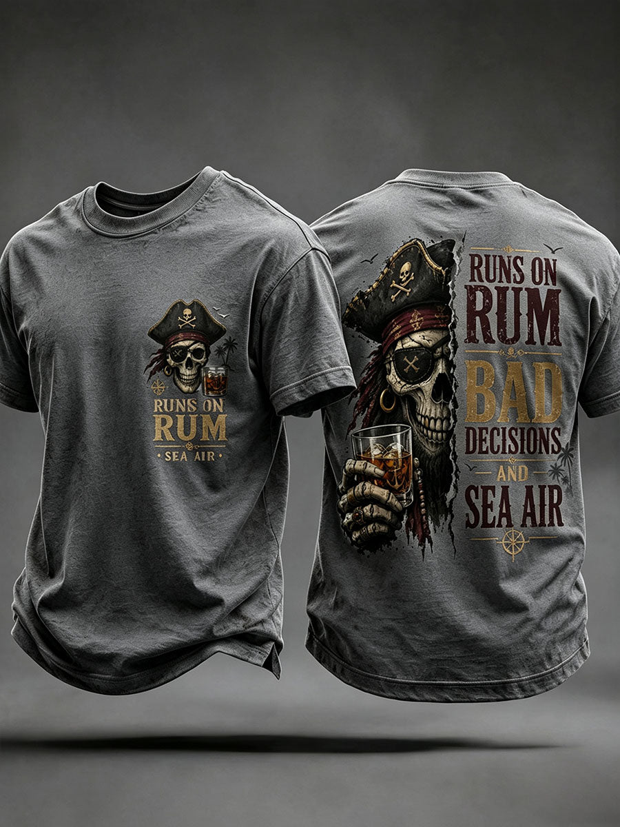 Dark Gray men's pirate skull t-shirt Runs On Rum Bad Decisions Sea Air