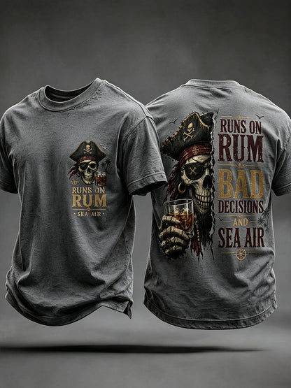 Dark Gray men's pirate skull t-shirt Runs On Rum Bad Decisions Sea Air