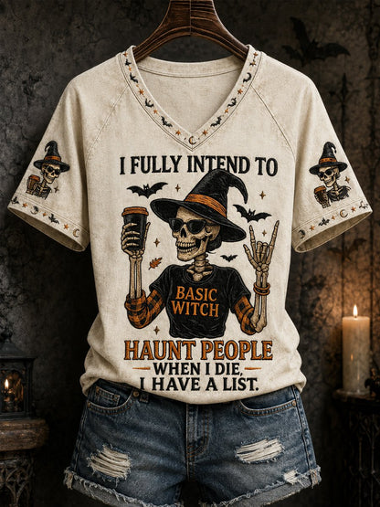 Creamy-White women's Halloween skull witch V-neck tee