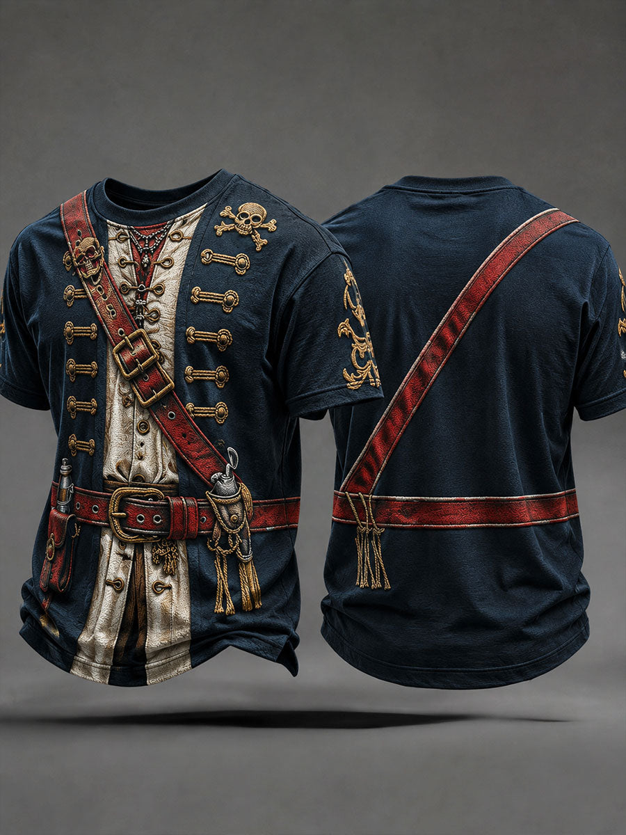 Men's Deep Blue Pirate Print T-Shirt front and back view